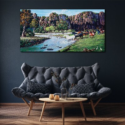 Foto op canvas Landschap met paarden aan de rivier