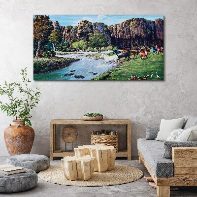 Foto op canvas Landschap met paarden aan de rivier