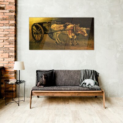 Foto op glas Ossen bij de kar