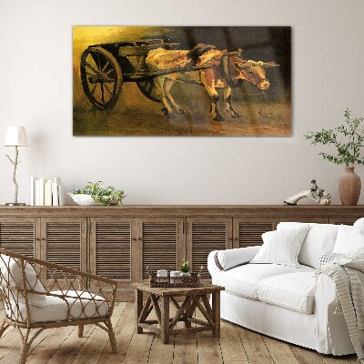 Foto op glas Ossen bij de kar