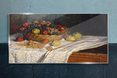 Glas foto Fruitmand op een wit tafelkleed