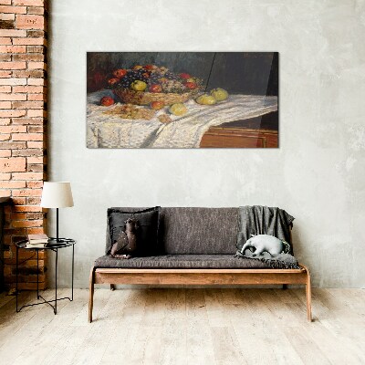 Glas foto Fruitmand op een wit tafelkleed