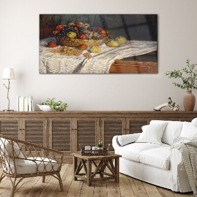 Glas foto Fruitmand op een wit tafelkleed