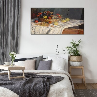 Glas foto Fruitmand op een wit tafelkleed