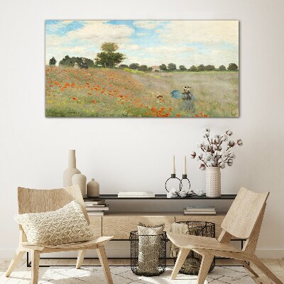 Schilderij op glas Velden met klaprozen in de zomerzon