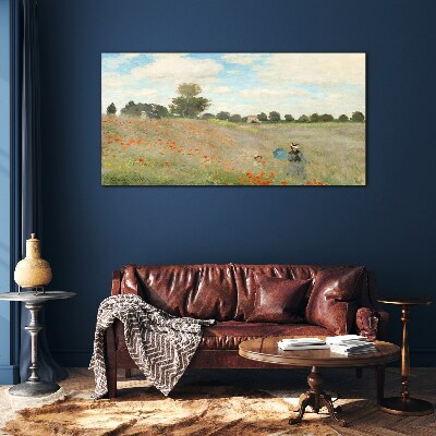 Schilderij op glas Velden met klaprozen in de zomerzon