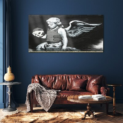 Glas foto Een engel met een schedel tegen een graffiti-achtergrond