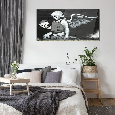 Glas foto Een engel met een schedel tegen een graffiti-achtergrond