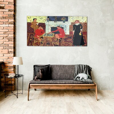 Schilderij op glas Een schaakspel in een kleurrijk interieur