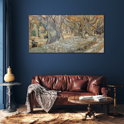 Glas foto Een met bomen omzoomde straat in de lentezon