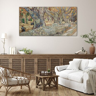 Glas foto Een met bomen omzoomde straat in de lentezon