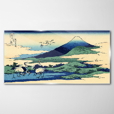 Schilderij op glas Kranen bij een berg