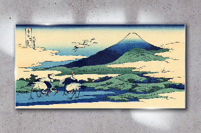 Schilderij op glas Kranen bij een berg