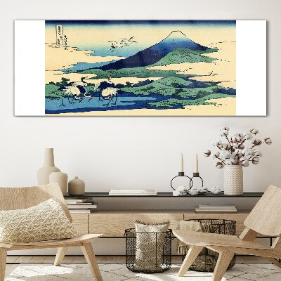 Schilderij op glas Kranen bij een berg