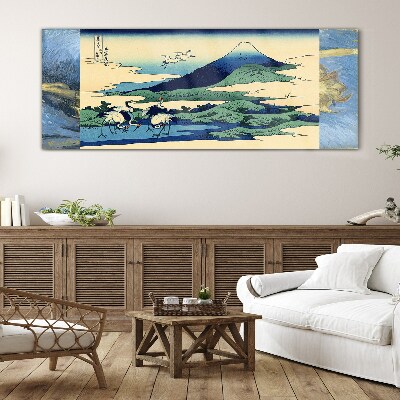 Schilderij op glas Kranen bij een berg