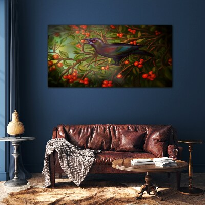 Foto op glas Een vogel tegen de achtergrond van een fruittak