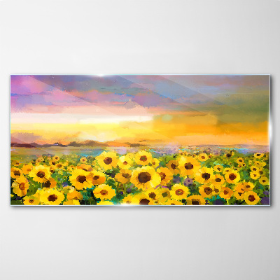 Schilderij op glas Zonnebloemen in de zonnestralen van de zonsondergang