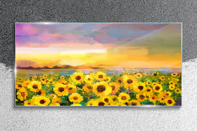 Schilderij op glas Zonnebloemen in de zonnestralen van de zonsondergang