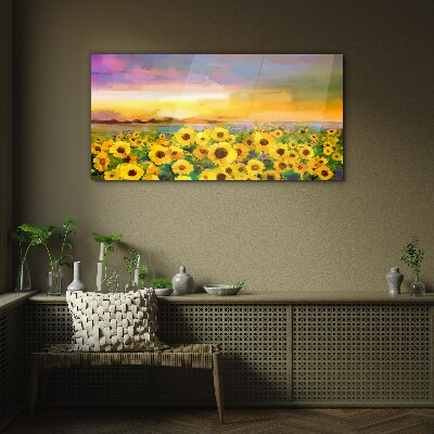 Schilderij op glas Zonnebloemen in de zonnestralen van de zonsondergang