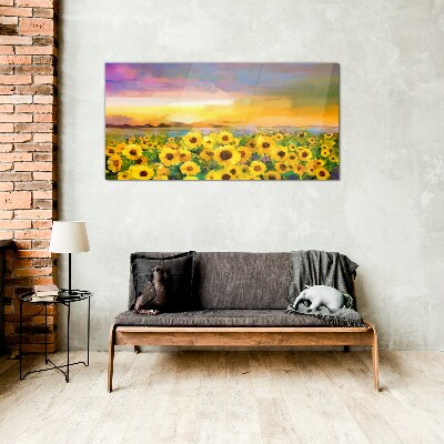 Schilderij op glas Zonnebloemen in de zonnestralen van de zonsondergang