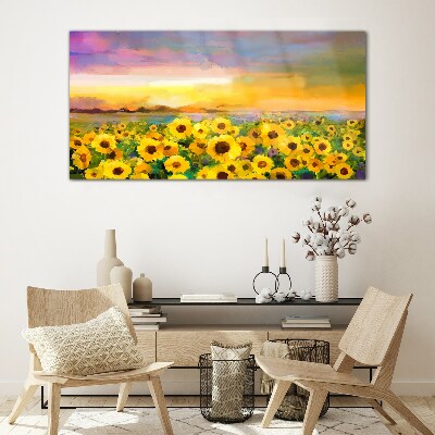 Schilderij op glas Zonnebloemen in de zonnestralen van de zonsondergang