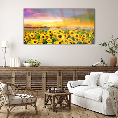 Schilderij op glas Zonnebloemen in de zonnestralen van de zonsondergang