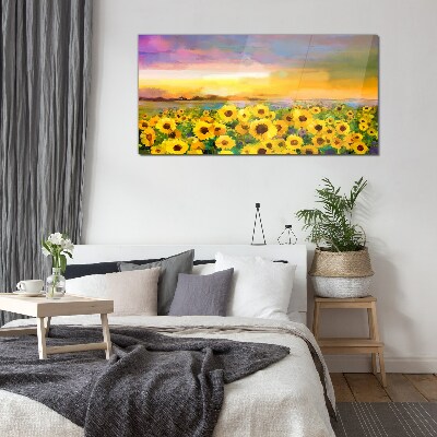 Schilderij op glas Zonnebloemen in de zonnestralen van de zonsondergang