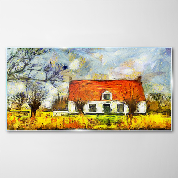 Glas foto Een kleurrijk landhuisje in het landschap