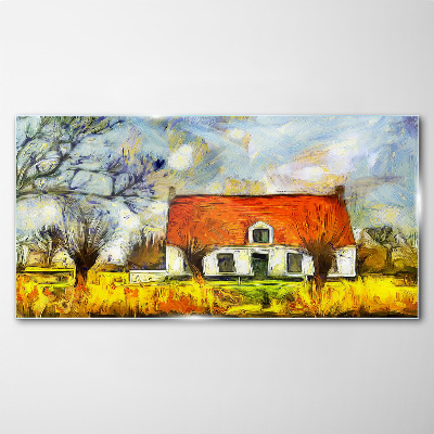 Glas foto Een kleurrijk landhuisje in het landschap