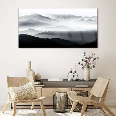 Schilderij op glas Mistig bergpanorama