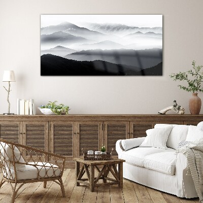 Schilderij op glas Mistig bergpanorama