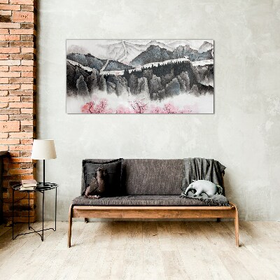 Foto op glas Een vredig berglandschap met bloemen