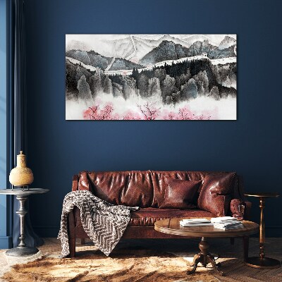 Foto op glas Een vredig berglandschap met bloemen