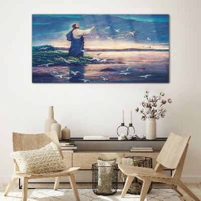 Glas foto Jezus aan de oever met vogels