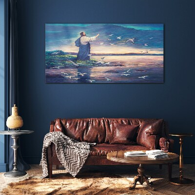 Glas foto Jezus aan de oever met vogels