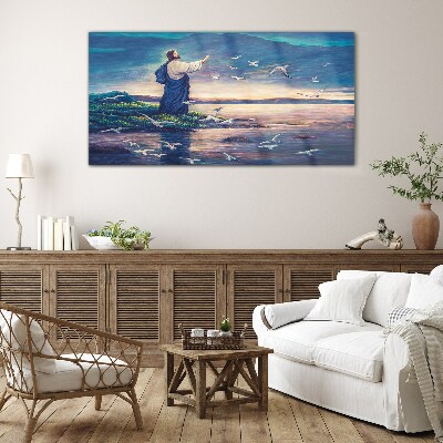 Glas foto Jezus aan de oever met vogels