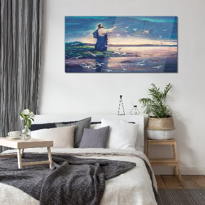 Glas foto Jezus aan de oever met vogels