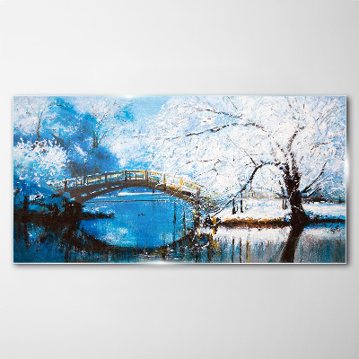 Foto op glas Winterbrug in een blauw landschap