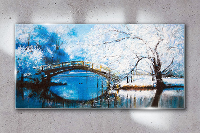 Foto op glas Winterbrug in een blauw landschap