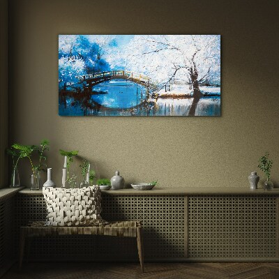 Foto op glas Winterbrug in een blauw landschap