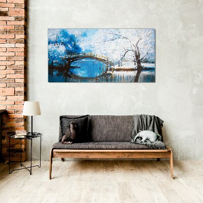 Foto op glas Winterbrug in een blauw landschap