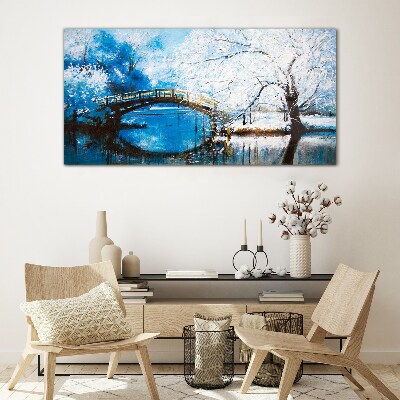 Foto op glas Winterbrug in een blauw landschap