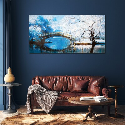 Foto op glas Winterbrug in een blauw landschap