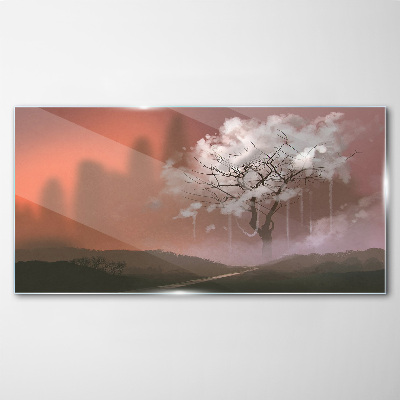 Schilderij op glas Mistig landschap met een boom