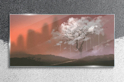 Schilderij op glas Mistig landschap met een boom