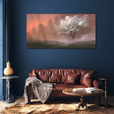 Schilderij op glas Mistig landschap met een boom