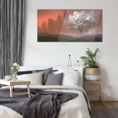 Schilderij op glas Mistig landschap met een boom