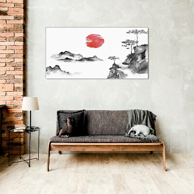 Schilderij op glas Japans landschap met een rode bal