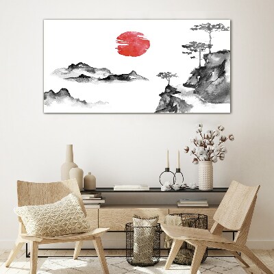 Schilderij op glas Japans landschap met een rode bal