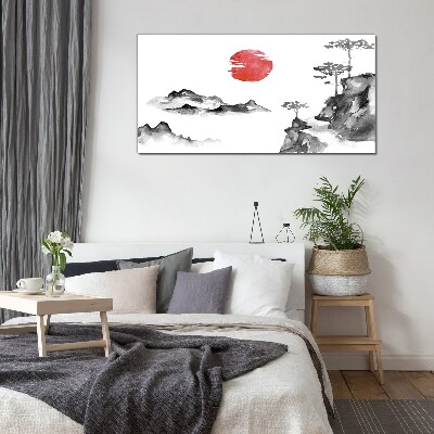 Schilderij op glas Japans landschap met een rode bal